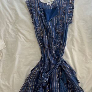 Karina Grimaldi blue and gold stripped mini dress